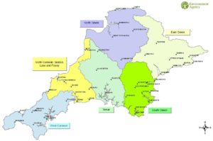 A map of the catchment partnerships in Devon and East Cornwall. In Devon these include North Devon, East Devon, South Devon and the Tamar which is also partially in Cornwall