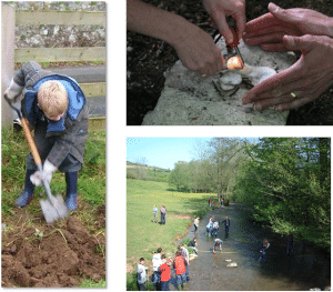 Children learning to light fires, work in the garden and playing in a stream