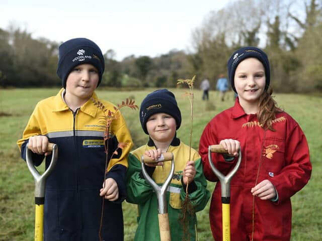 Three children holding a spade each and some tree saplings on an Autumn day