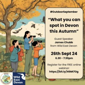 A cartoon image of a family looking at birds through binoculars. On the right hand side is all the information about the webinar