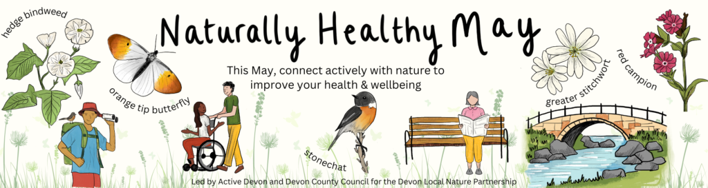 Banner with words Naturally Healthy May and illustrations of wildlife and people