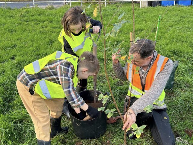 Two children and an adult plant a tree