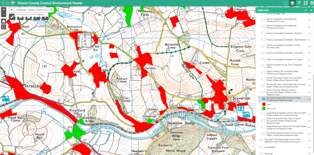 Map showing the location of orchards across Devon