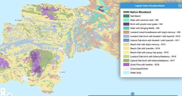 Map showing native woodland in Devon