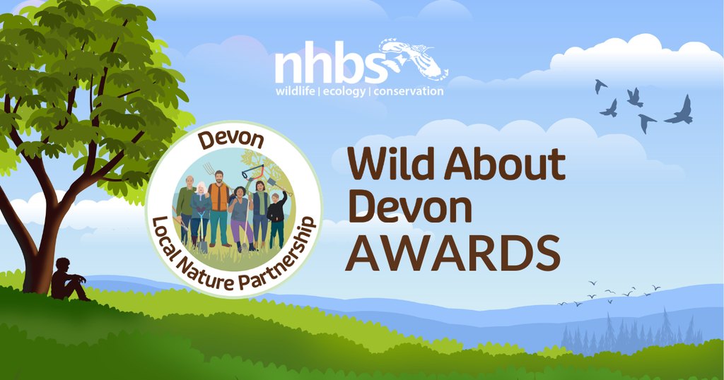 A landscape scenery with birds flying and a person sitting under a tree. Centred are the Wild About Devon and NHBS Logos, as well as a title Wild About Devon Awards.